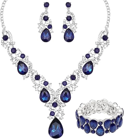CSY Women's Elegant Bridal Jewelry Set – Necklace, Earrings & Stretch Bangle Bracelet – Teardrop Crystal Wedding Costume Jewelry